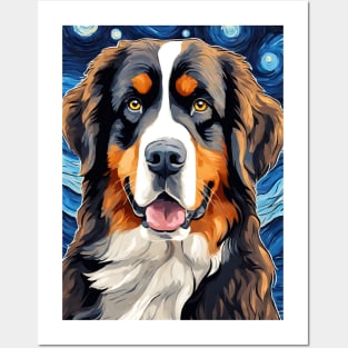 Bernese Mountain Dog Breed Painting in a Van Gogh Starry Night Art Style Posters and Art